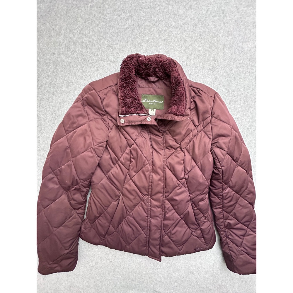 Eddie Bauer EB650 Goose Down Puffer Jacket Burgundy Plum Faux Fur Collar Small